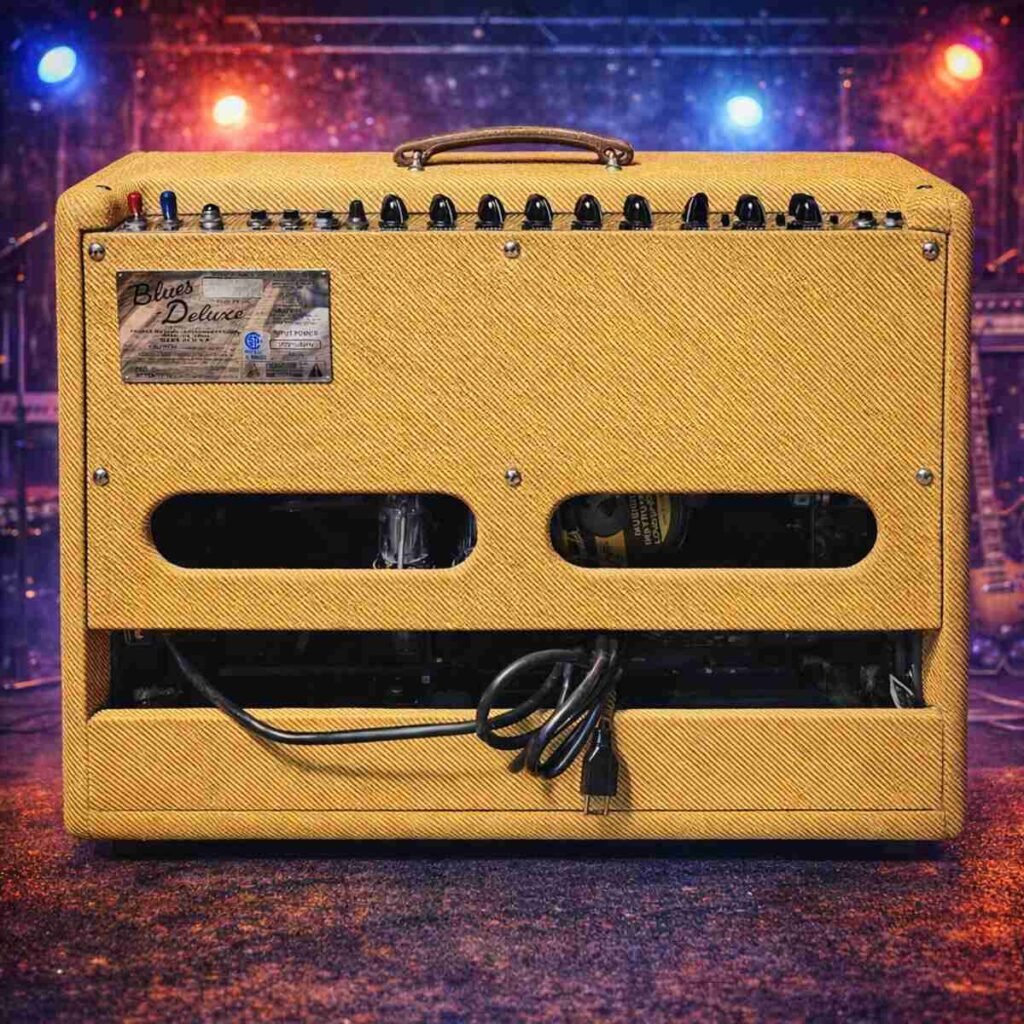 Fender Blues Deluxe back view — Rear view of the Blues Deluxe with tubes and speaker visible, warm glow from the tubes.