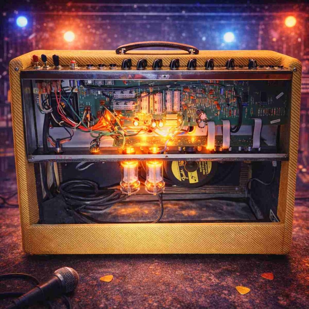Fender interior close‑up — Close shot of the amp’s chassis and circuitry with emphasis on tubes and wiring.