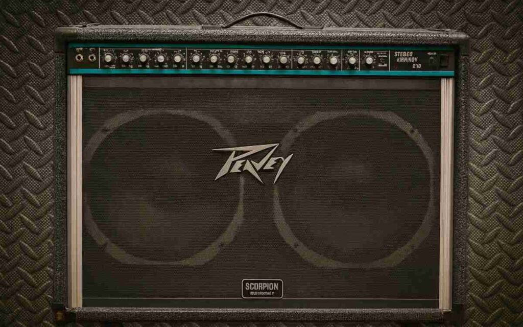 Peavey Stereo Chorus 212 — Front view of a Peavey Stereo Chorus 212 guitar amplifier; black textured cabinet with two speaker grilles, silver top control panel showing labeled sections (High Gain, Low Gain, Normal Gain, Equalization, Crunch Gain, Lead Gain, Voicing, Digital Reverb, Stereo Chorus, Master), and a “Scorpion Equipped” badge centered on the grille.