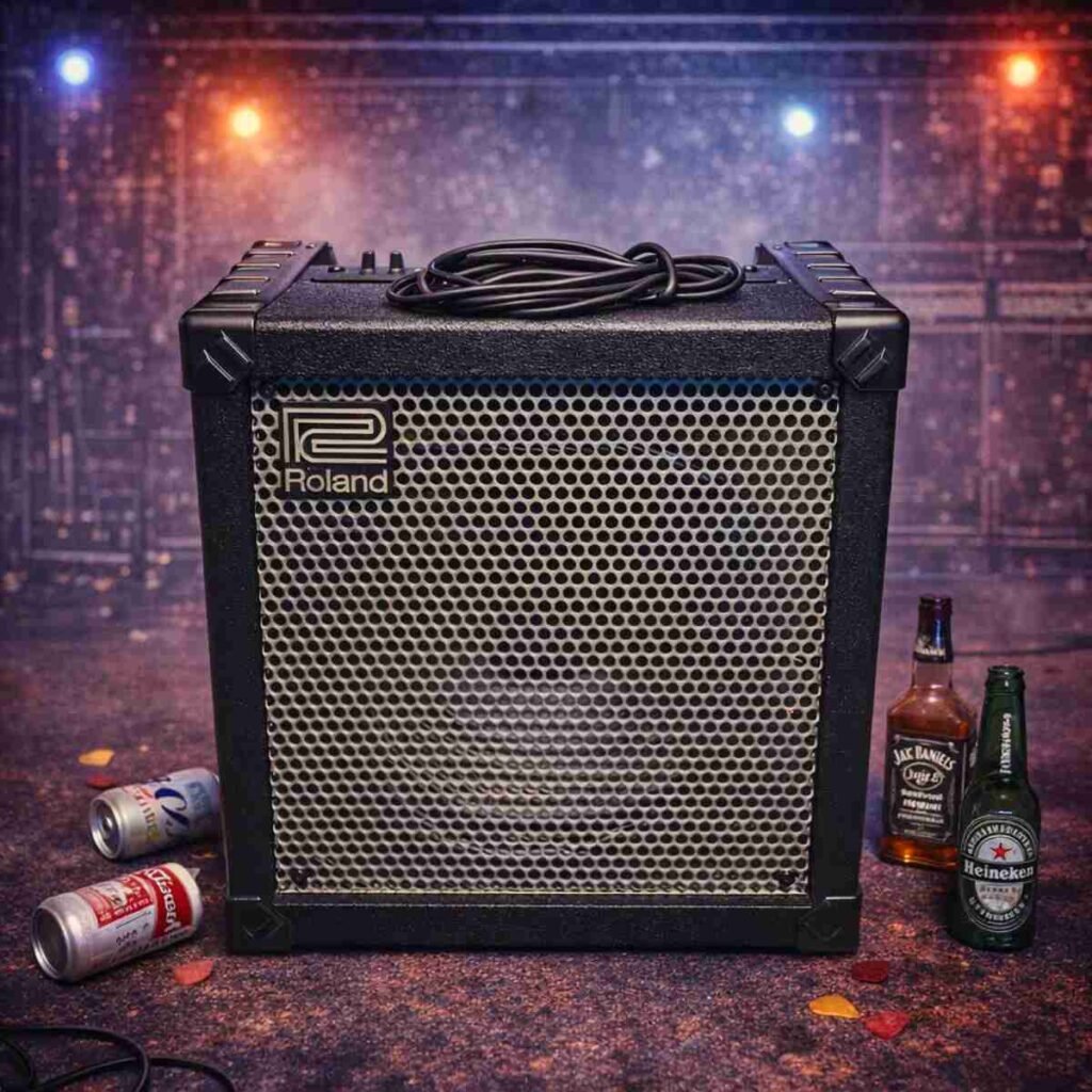 Roland Cube 60 stage with cans and bottles — Cube 60 on worn stage floor with scattered beer cans and liquor bottles nearby; background stage haze and truss visible.